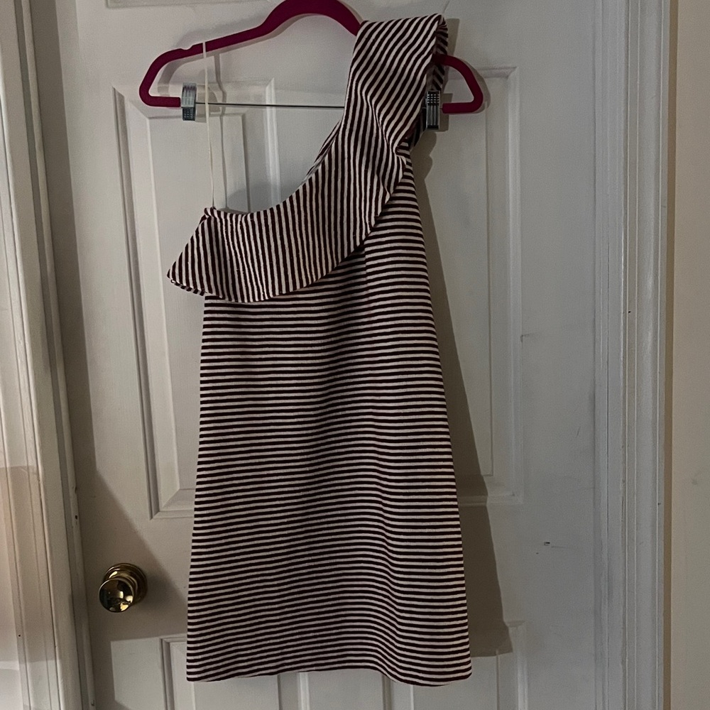 LOFT Black and White Striped One-Shoulder Dress
